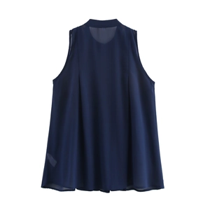 Navy blue sleeveless chiffon blouse with pleated collar in minimalist commuter style