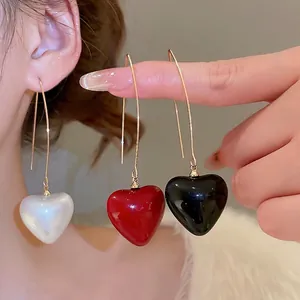 Fashionable heart pearl drop earrings in white red and black with elegant gold long hooks