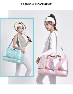 Detailansicht wasserfester Fitness-Taschen mit glänzendem Laser-Farbverlaufseffekt