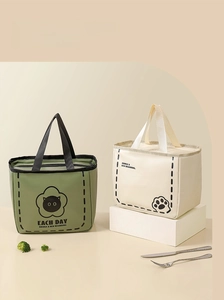 Detail of insulated lunch bags with cat patterns and sturdy reinforced handles