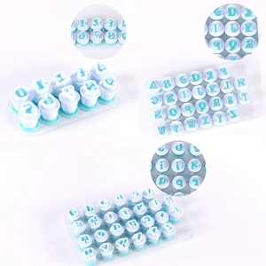 Alphabet and numbers cookie cutter set for fondant cake decorating in blue and white plastic
