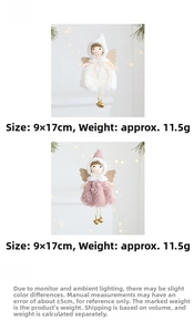 Detail of plush angel dolls in white and pink with gold wings and bell charms