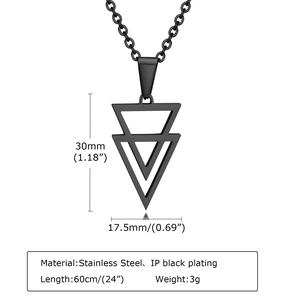 Men's black stainless steel triangle pendant necklace with detailed size and spec labels