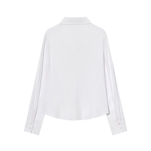 Back view of slim fit white long sleeve shirt featuring lapel collar and buttoned cuffs