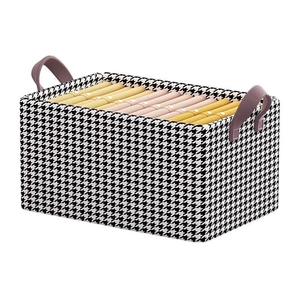 Foldable houndstooth storage box with steel frame and gray handles for clothes