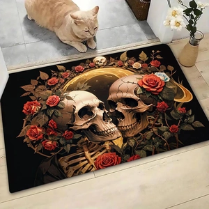 Gothic skull and red rose bath mat with quick-dry diatom mud on light wood flooring