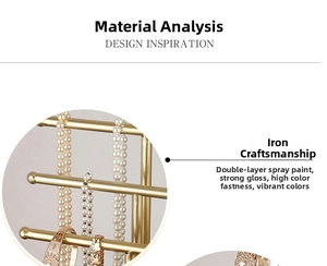 Detail of the high-gloss gold iron jewelry rack showing 4-tier T-bar storage space