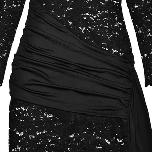 Detailed close-up showing the intricate black lace texture and pleated fabric of this dress