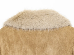 Detailed back view showing premium faux fur collar and suede texture on camel blazer
