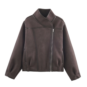 Women Faux Suede Jacket Shearling Lined Asymmetrical Zipper Motorcycle Biker Coat Streetwear Loose Outerwear Fashion