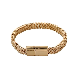 Detail of gold double-row dragon bone woven chain bracelet with sleek magnetic clasp
