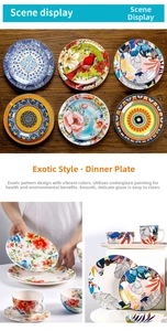 Detail of 9-inch underglaze ceramic dinner plate with colorful mandala and floral patterns