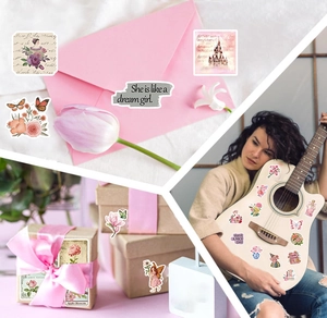 Close-up of vintage pink aesthetic stickers applied on guitar and gift packaging boxes