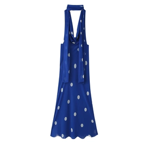 Robe Maxi À Pois Vintage Licou Dos Nu Sans Manches Polyester Élégante Taille Haute Longue Robe Pour Femmes