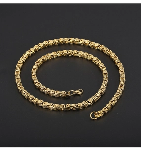 Macro view of 5mm gold Byzantine square link chain necklace with lobster clasp