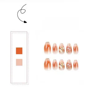 Close-up of gradient orange press-on nails with gold 3D butterflies and rhinestones