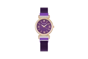 Close-up of starry purple dial with rose gold accents and sparkling crystal bezel