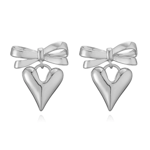 Polished silver bow and heart pendant earrings for women in a minimalist French style