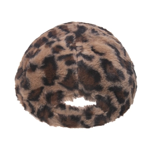Back view of a trendy leopard print faux fur baseball cap with adjustable strap