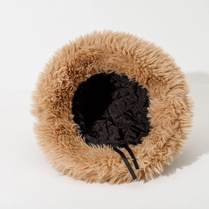 Brown faux fur bucket hat with warm quilted lining and adjustable drawstring inside