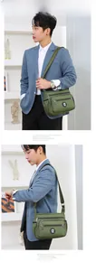 Army green nylon shoulder bag with multiple zippered pockets and adjustable strap detail