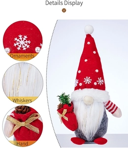Close-up of Christmas gnome details showing snowflake sequins, whiskers and pine cone décor