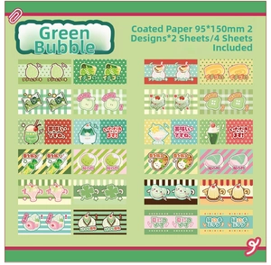 Detail of Lime Bubble themed stickers on copperplate paper for DIY journaling scrapbooks