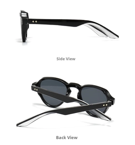Side and back views of black round sunglasses with gold star metal rivets on temples