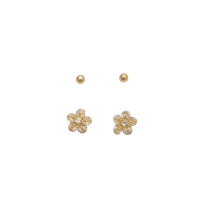 Minimalist silver needle zircon flower stud earring set with gold beads for women