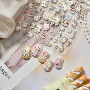 3D Embossed Nail Art Stickers PET Cartoon Cat Sweet Dessert Cake Coffee DIY Self Adhesive Manicure Decals For Women