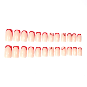 Minimalist red heart french tip press on nails with square oval shape in glossy finish