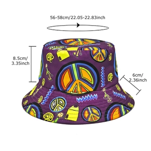 Fashionable purple bucket hat with colorful peace signs and cartoon patterns for autumn