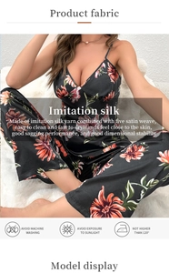 Detailed infographic showing floral imitation silk pajama set with care instructions