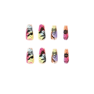 Graffiti press-on nails with colorful skull and heart patterns in long coffin shape