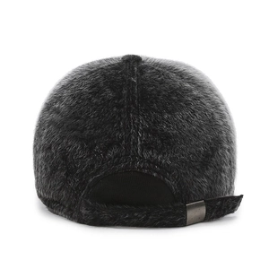 Rear view of black faux mink fur baseball cap with adjustable metal strap buckle