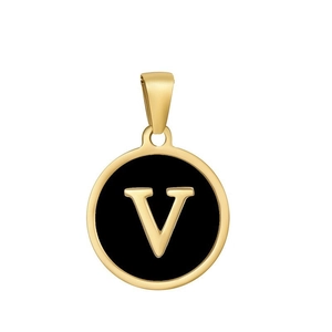 Detailed close-up of a gold-plated necklace pendant featuring the black letter V design