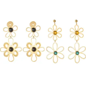 Elegant Stainless Steel 18K Gold Plated Hollow Flower Drop Earrings For Women Vintage Rhinestone Dangle Jewelry Accessory
