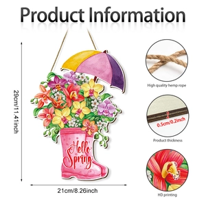Detail view of spring rain boot door sign showing 29x21cm size and HD printing texture