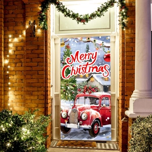 Bannière de Noël avec voiture vintage rouge et lettrage Merry Christmas sur brique