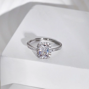 Macro shot of silver S925 ring featuring a rectangular zircon and pavé setting