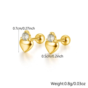 Detailed view of gold heart stud earrings with dimensions 0.7cm length and 0.5cm width