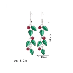 Detailed view of Christmas leaf earrings with dimensions 4.4cm by 1.09cm and 8.03g weight