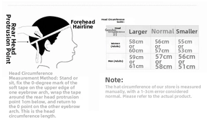 Detailed size chart for knitted hat set showing head circumference measurements for men and women