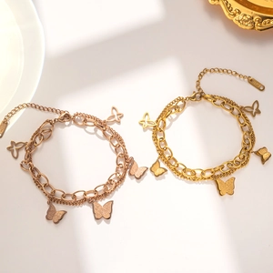 Minimalist Double Layer Butterfly Pendant Bracelet 18K Gold Plated Titanium Steel Adjustable Chain Jewelry For Women Rose Gold