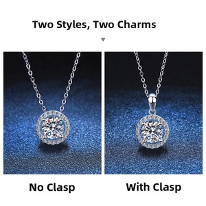 Moissanite 925 silver necklace pendant with round halo design in buckle and non-buckle styles
