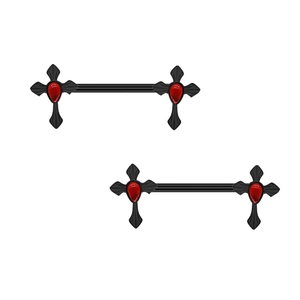 Pair of black cross nipple rings with red teardrop gemstones on a white background