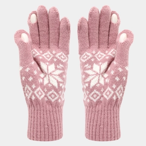 Detail of pink knitted gloves with snowflake jacquard and functional finger openings