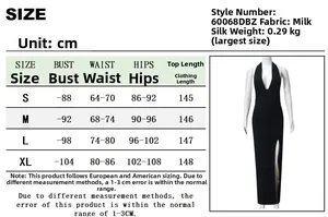 Detailed size chart for backless halter maxi dress with measurements in centimeters
