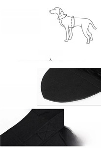 Detailed view of black felt pet bat wings with size measurement guide for dogs and cats