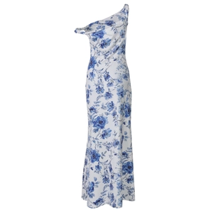 Detail view of floral print one-shoulder maxi dress in smooth satin-like fabric